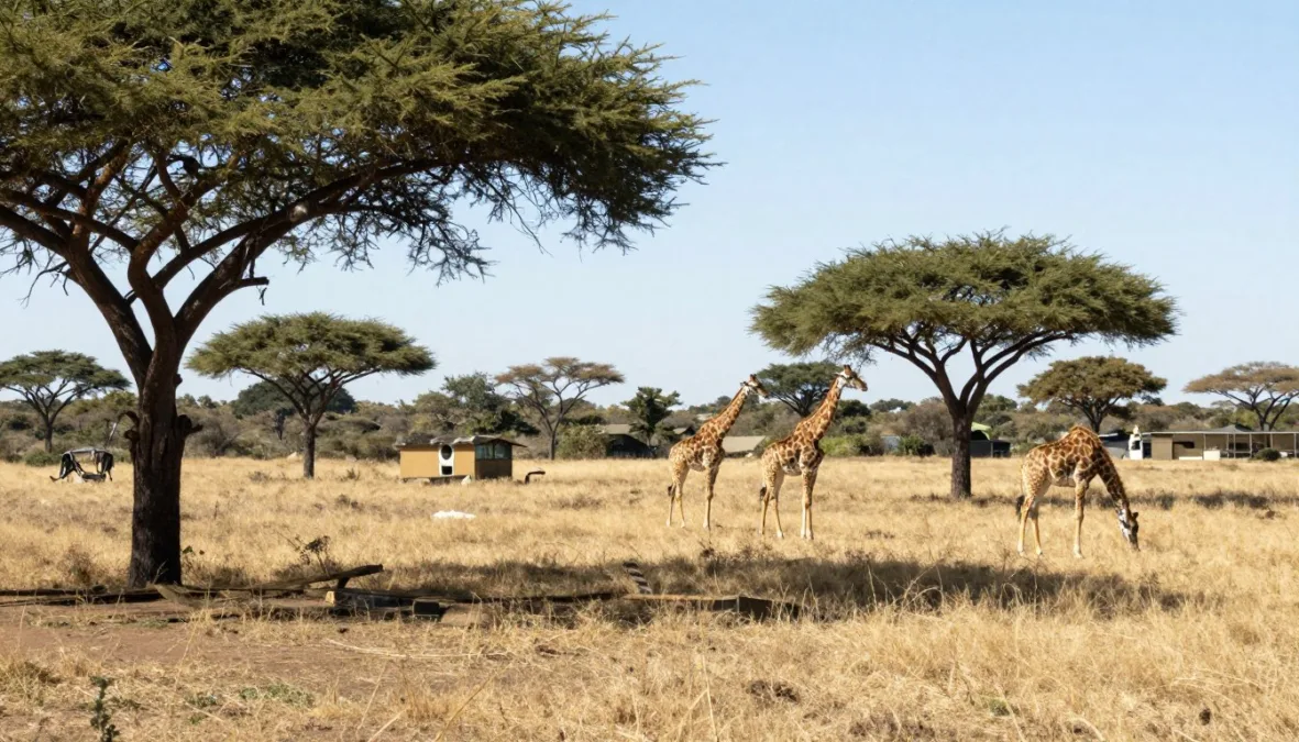 Expansive wildlife savanna with grazing animals under open sky Expansive wildlife savanna with grazing animals under open sky