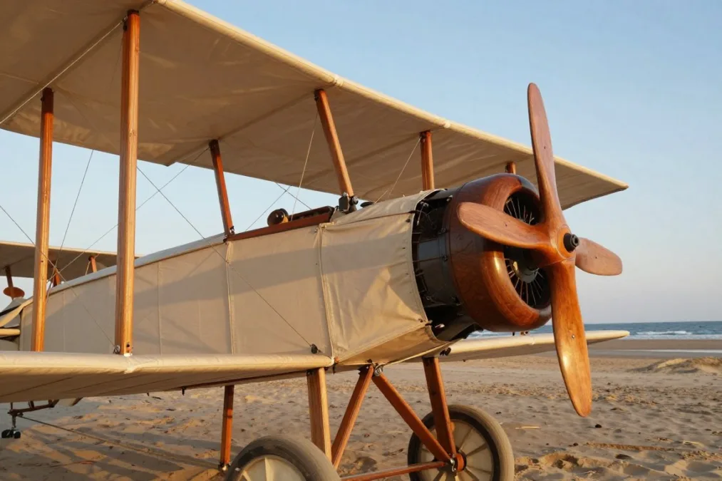 Fabric wings and wooden propeller structure of an early biplane Fabric wings and wooden propeller structure of an early biplane