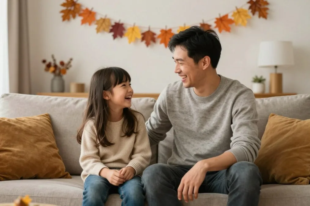 Father and young daughter practicing silly jokes in a cozy living room decorated for Halloween Father and young daughter practicing silly jokes in a cozy living room decorated for Halloween