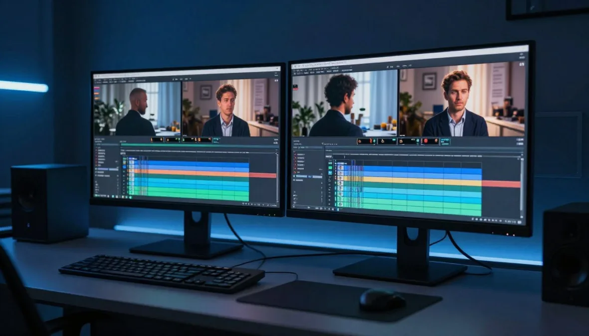 Film editing suite displaying timelines and waveforms Film editing suite displaying timelines and waveforms