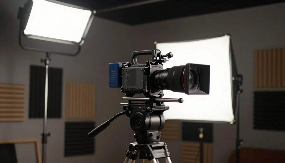 Film production camera and lighting equipment on a soundstage in Hollywood