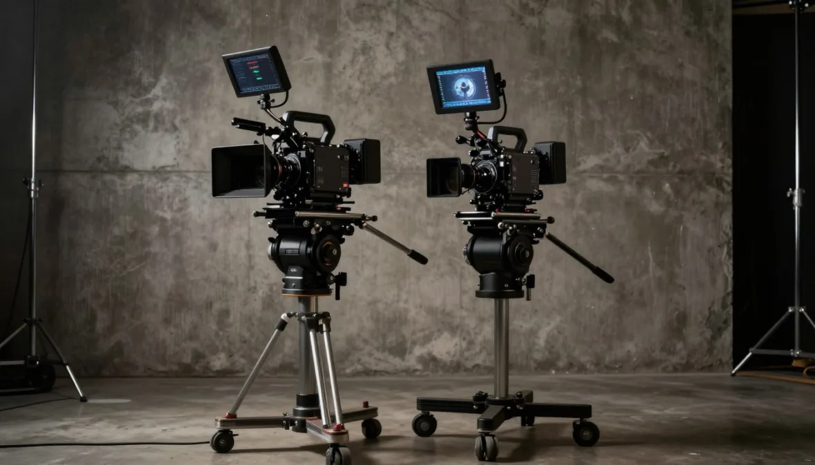 Film production equipment showing camera lenses and focus monitors on a film set