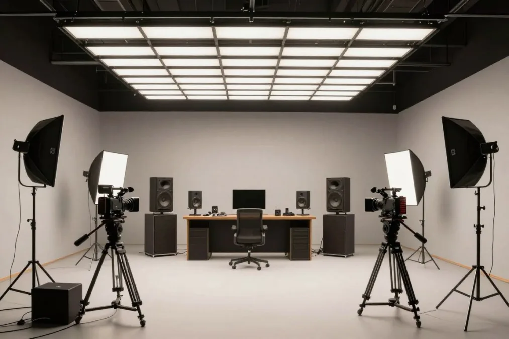 Film production soundstage with lighting rigs and camera tripods Film production soundstage with lighting rigs and camera tripods