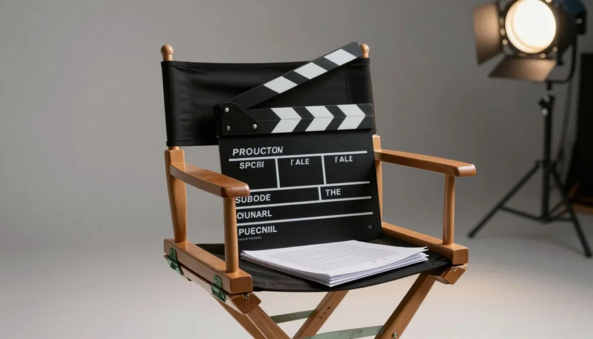 Film slate clapperboard and studio script on a director chair set