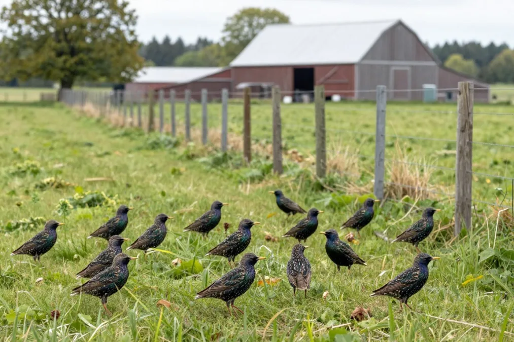 Flock of European starlings with iridescent feathers foraging on ground near farm building