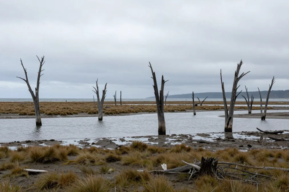 Flooded coastal landscape with dead submerged trees