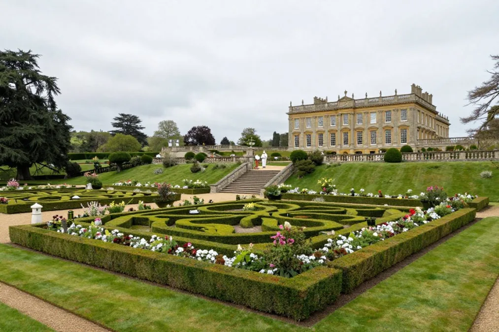 Formal botanical gardens featuring neat boxwood hedges, stone walkways, and a grand historic brick mansion Formal botanical gardens featuring neat boxwood hedges, stone walkways, and a grand historic brick mansion