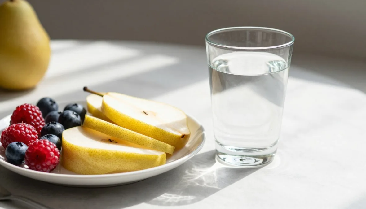 Fresh water glass next to a plate of wholesome sliced fruit Fresh water glass next to a plate of wholesome sliced fruit