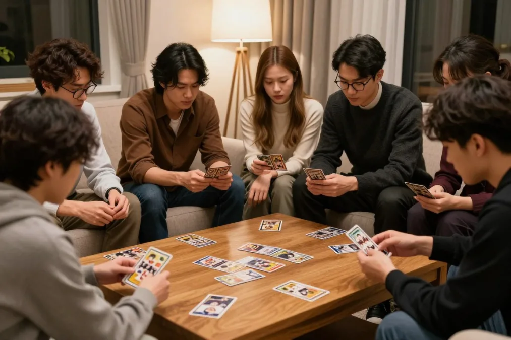 Friends gathered around a table discussing game cards at a Halloween party Friends gathered around a table discussing game cards at a Halloween party