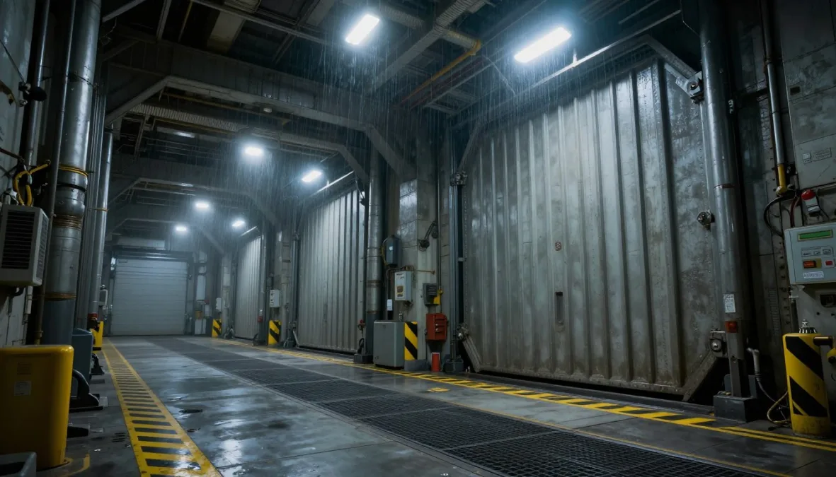 Futuristic spaceship cargo bay with heavy hydraulic airlock doors and metal grates
