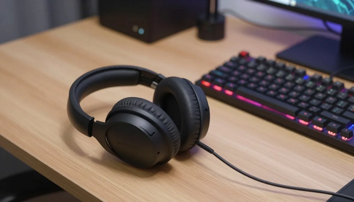Gaming console controller and streaming microphone on a wooden desk Gaming console controller and streaming microphone on a wooden desk