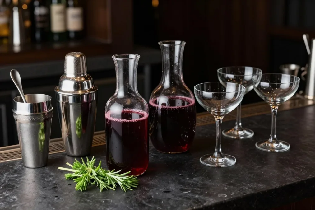 Glassware, cocktail shakers, and dark syrups arranged on a home bar Glassware, cocktail shakers, and dark syrups arranged on a home bar