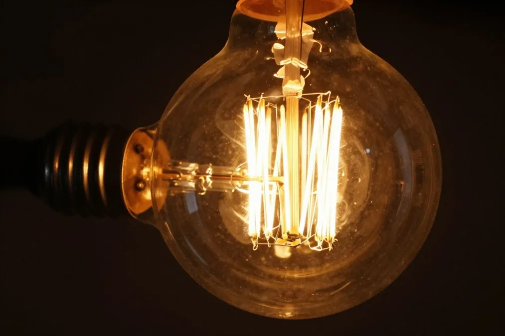Glowing carbon filament vintage light bulb emitting warm amber illumination Glowing carbon filament vintage light bulb emitting warm amber illumination