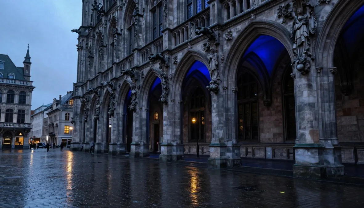 Gothic urban architectural courtyard with stone gargoyles and wet pavement