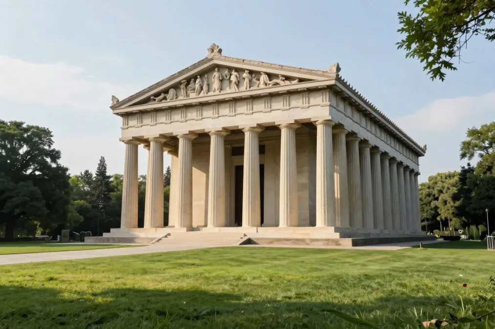 Grand classical Greek temple replica with stone columns situated in a grassy public park Grand classical Greek temple replica with stone columns situated in a grassy public park