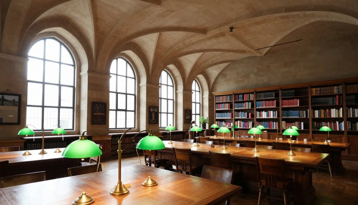 Grand classical reading room inside a historic library featuring high arched ceilings and green lamps
