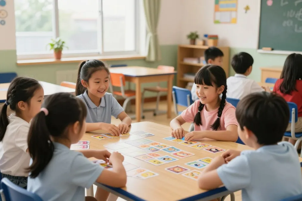 Group of elementary school children playing an interactive party game in a classroom Group of elementary school children playing an interactive party game in a classroom