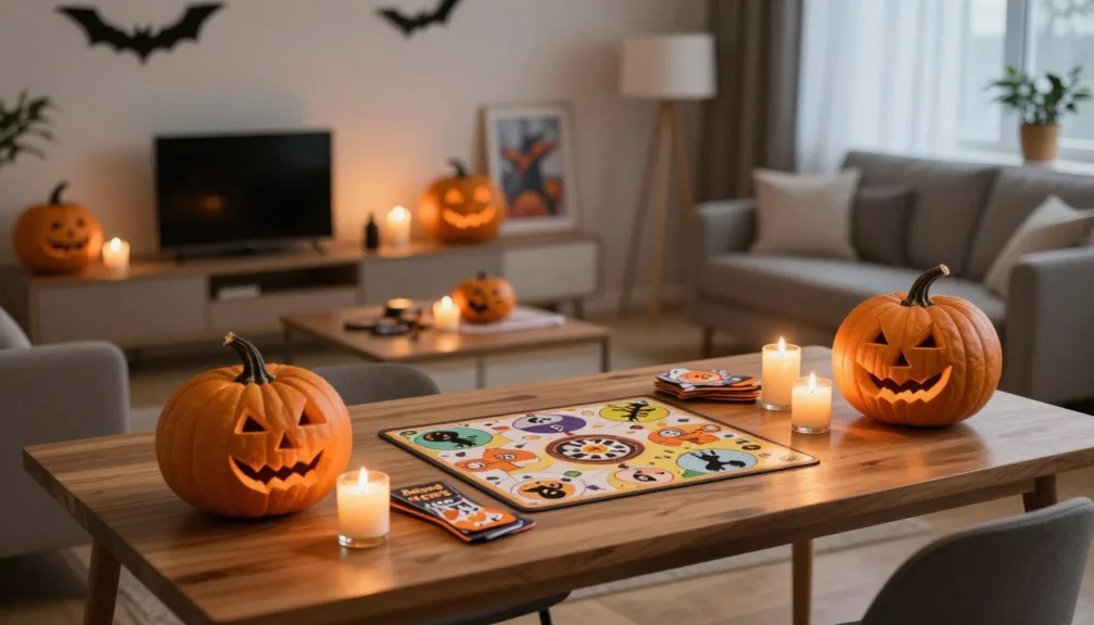 Halloween party games for adults arranged across a decorated living room