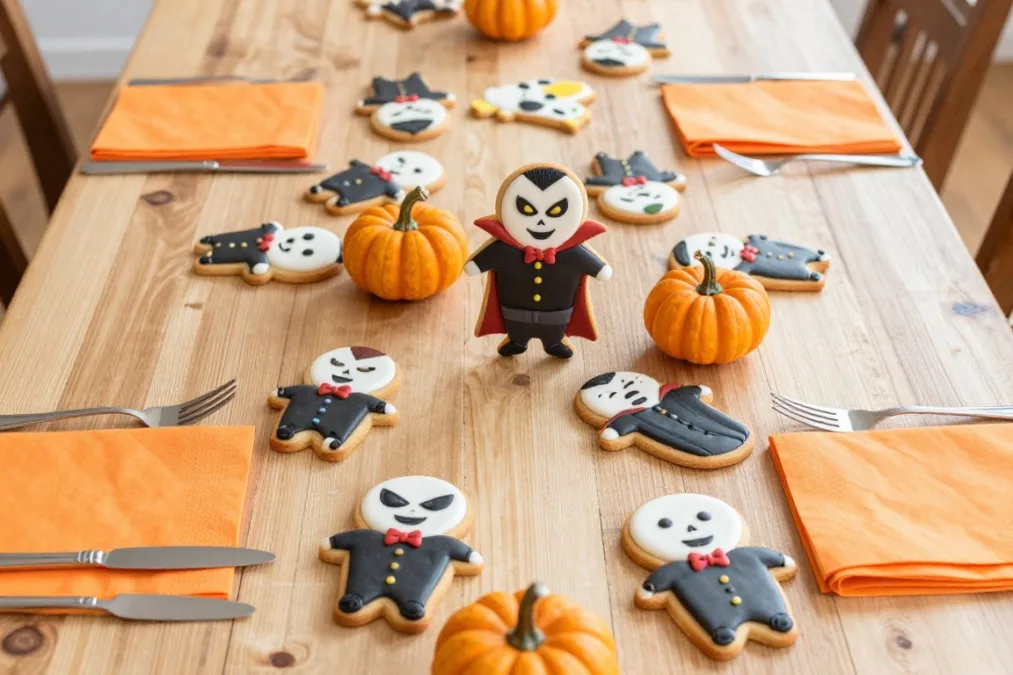 Halloween party table with vampire-themed cookies and festive decorations Halloween party table with vampire-themed cookies and festive decorations