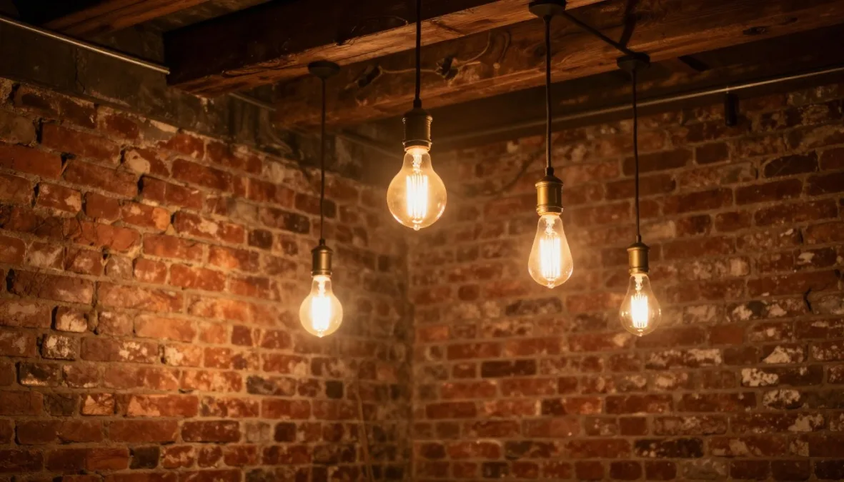 Hanging vintage filament lightbulbs glowing inside a rustic brick loft
