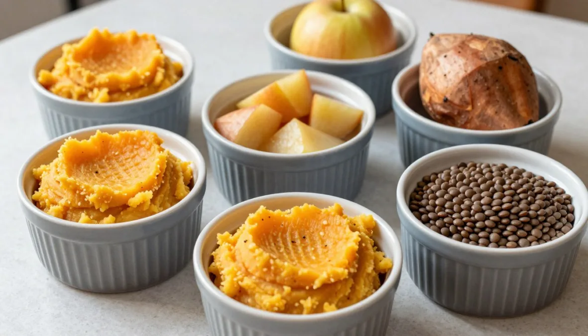 High fiber foods for seniors arranged on a kitchen table High fiber foods for seniors arranged on a kitchen table