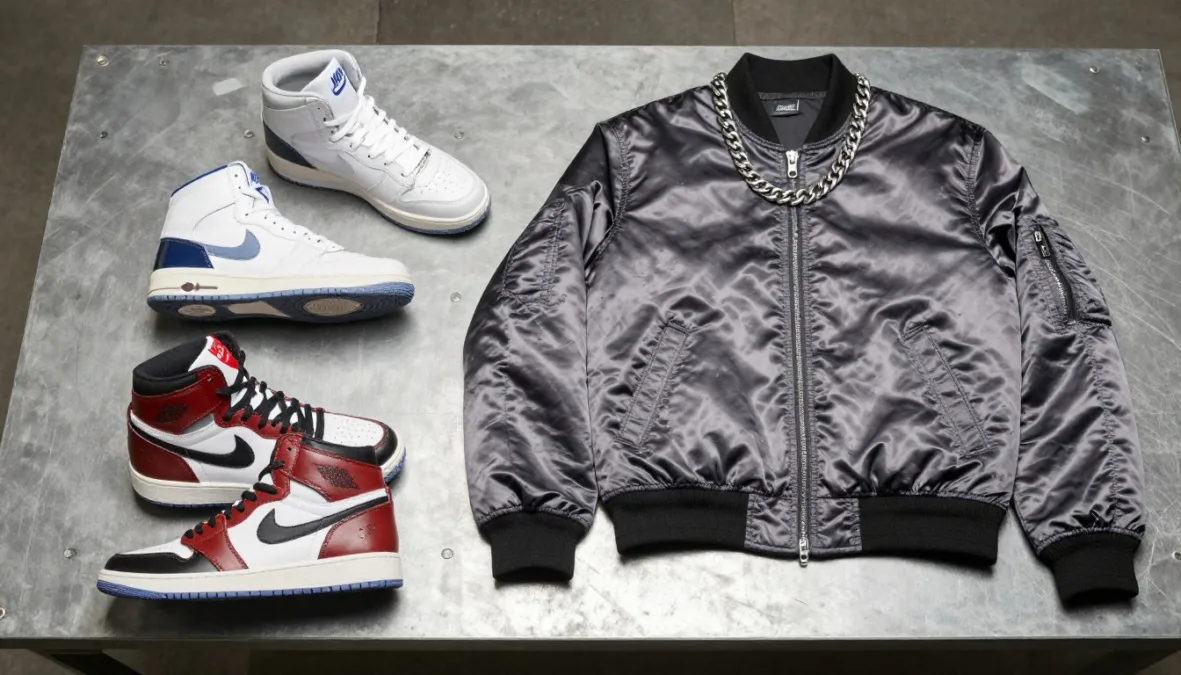 High-top collectible athletic sneakers, oversized bomber jacket, and silver jewelry High-top collectible athletic sneakers, oversized bomber jacket, and silver jewelry