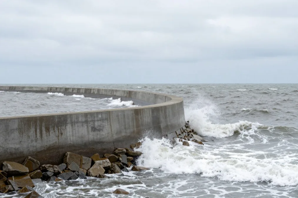 Historic coastal seawall along an oceanfront showing massive stone barriers
