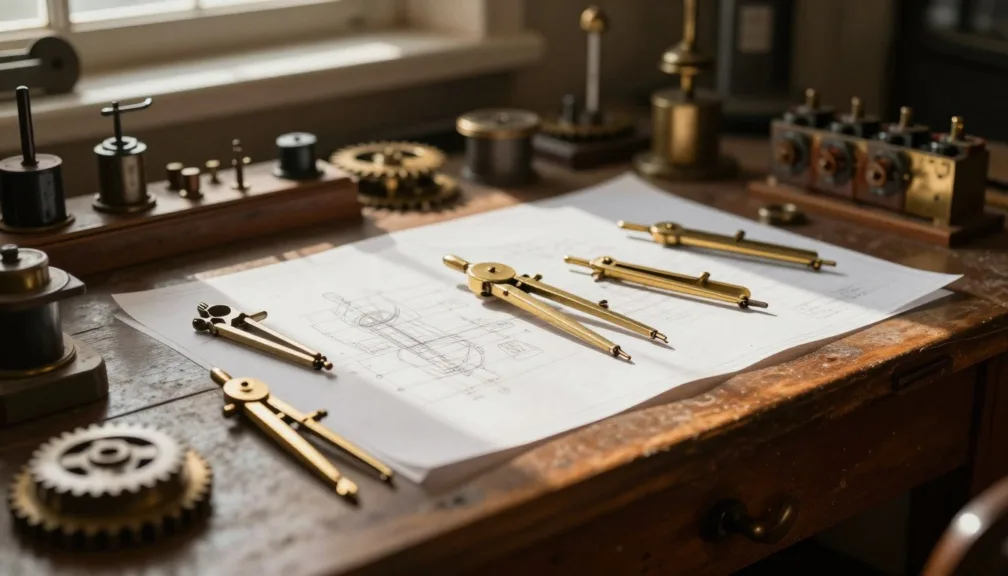 Historical workshop table with vintage brass tools, drafting blueprints, and early mechanical components
