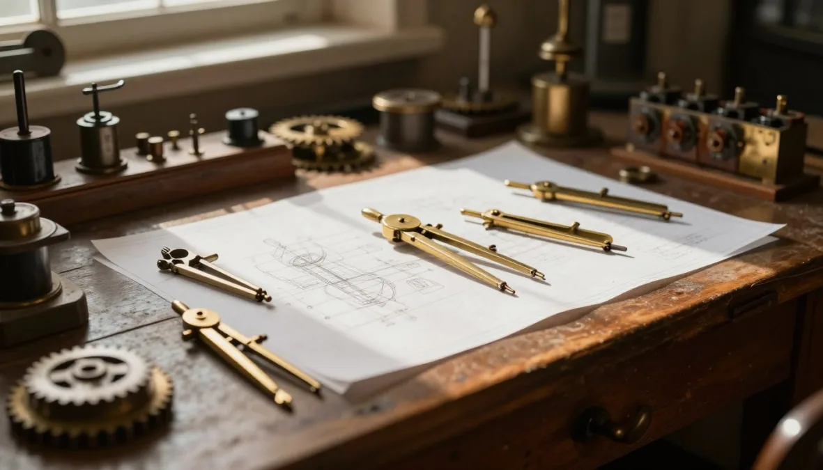 Historical workshop table with vintage brass tools, drafting blueprints, and early mechanical components
