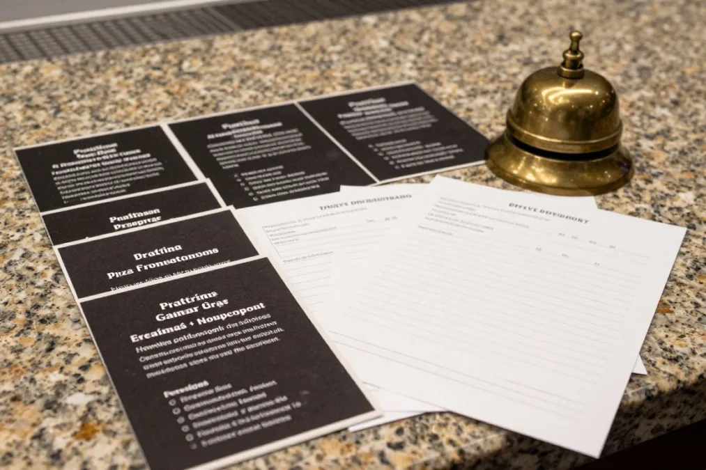 Horror movie trivia question cards alongside a retro buzzer on a counter Horror movie trivia question cards alongside a retro buzzer on a counter