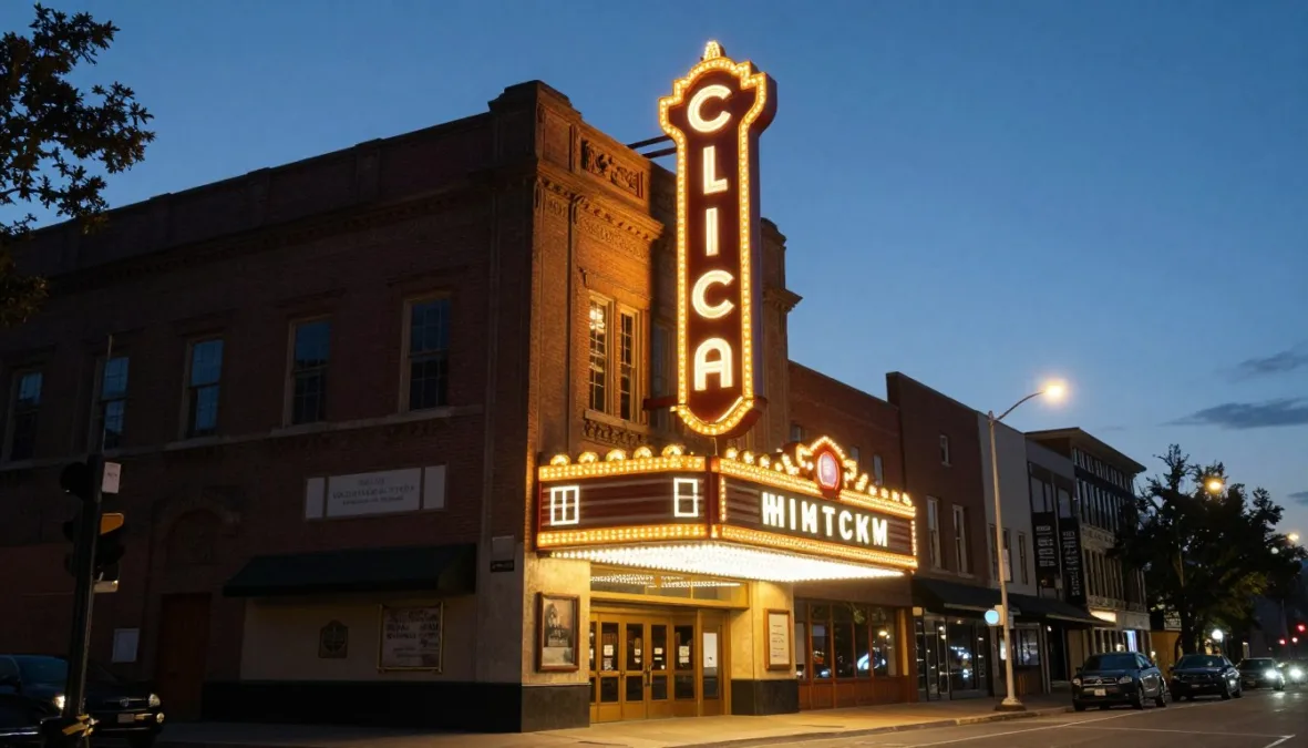 Illuminated historic theater marquee glowing over a downtown city sidewalk at dusk Illuminated historic theater marquee glowing over a downtown city sidewalk at dusk