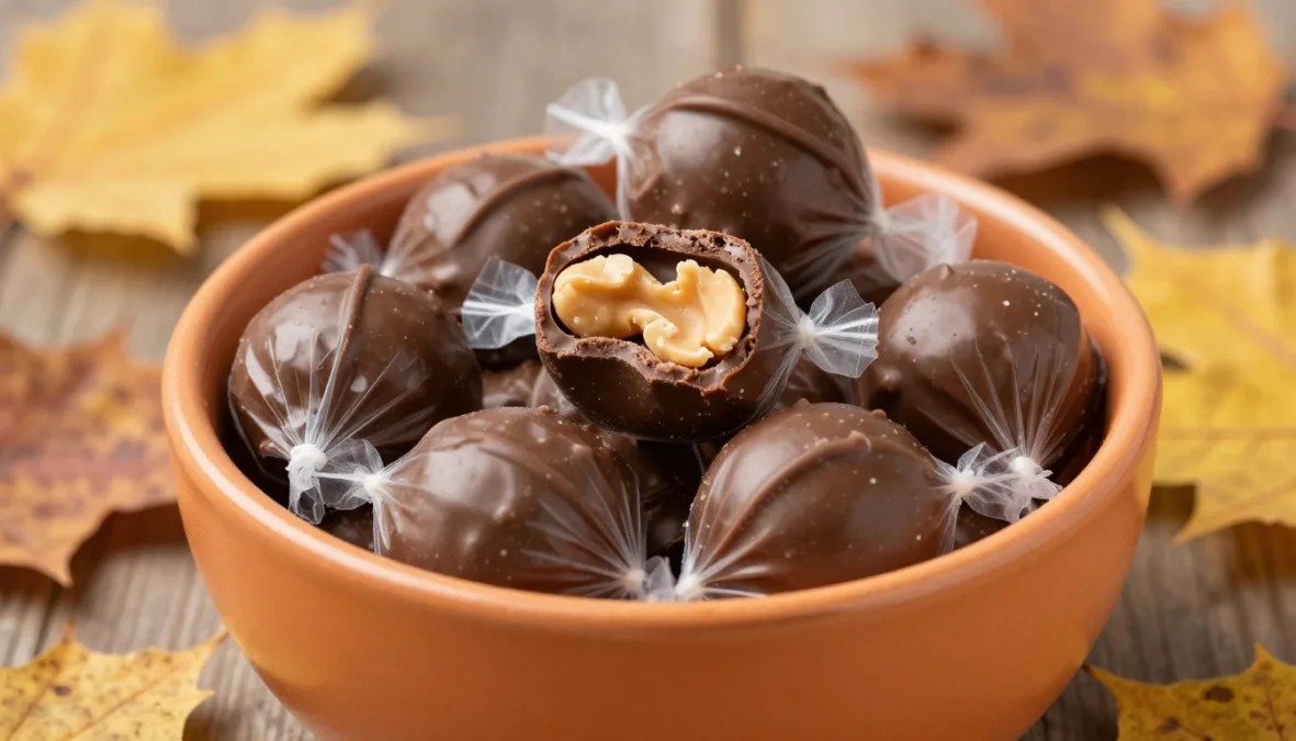 Individually wrapped peanut butter cups in an orange seasonal bowl Individually wrapped peanut butter cups in an orange seasonal bowl
