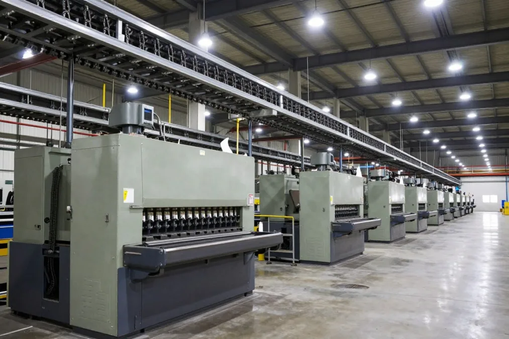 Industrial factory floor with overhead steel conveyer tracks and machinery Industrial factory floor with overhead steel conveyer tracks and machinery