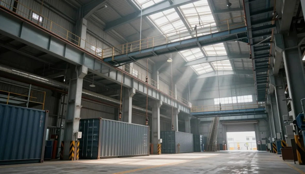 Industrial warehouse set with steel catwalks and tactical ropes