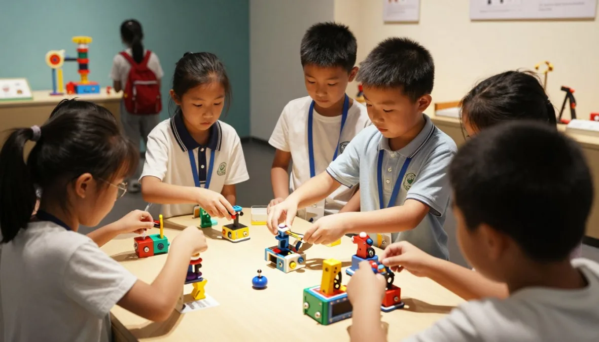 Interactive science museum exhibits with children exploring Interactive science museum exhibits with children exploring