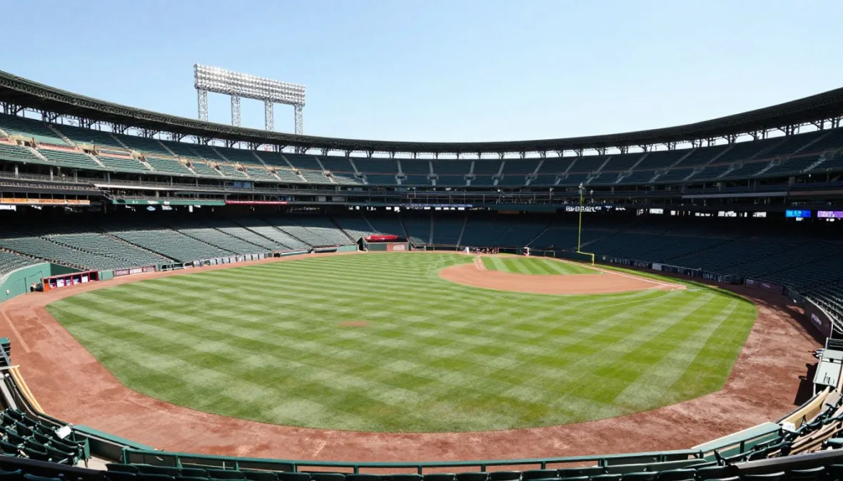 Interior view of a historic baseball stadium showing the green outfield wall and pristine field Interior view of a historic baseball stadium showing the green outfield wall and pristine field