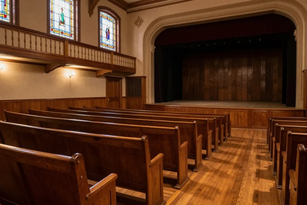 Interior view of historic church pews facing a wooden auditorium stage with stained glass accents Interior view of historic church pews facing a wooden auditorium stage with stained glass accents