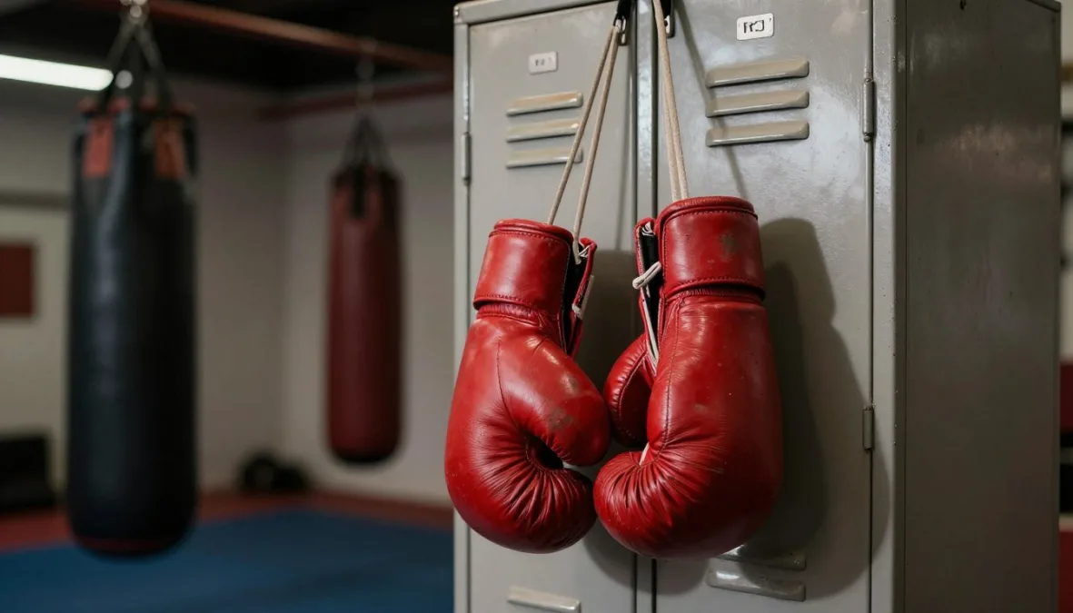 Leather boxing gloves hanging on a gym locker beside heavy bags