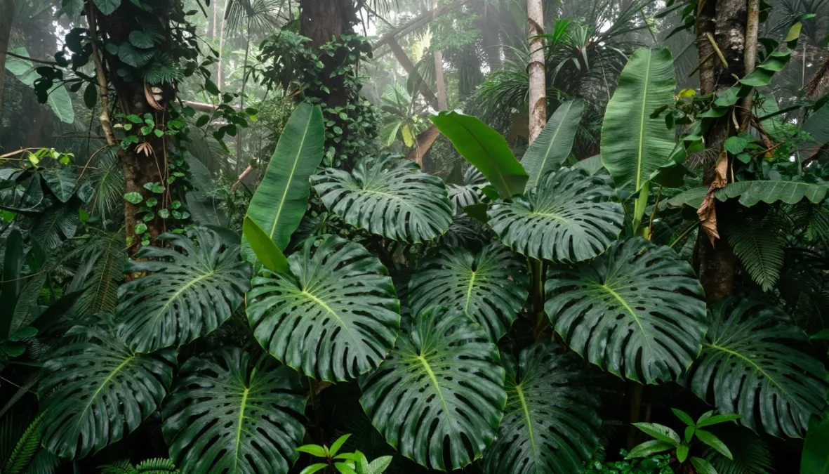 Lush tropical jungle foliage with banana leaves and exotic blossoms in mist