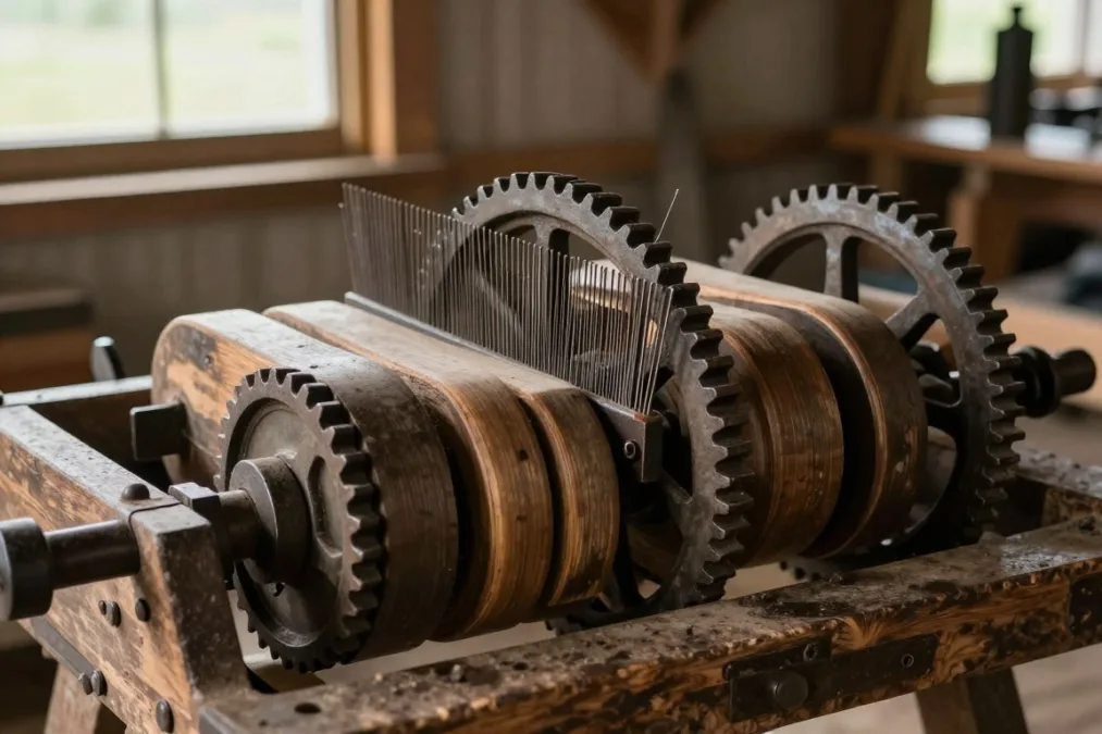 Mechanical gears and wooden cylinder assembly of an early agricultural machine Mechanical gears and wooden cylinder assembly of an early agricultural machine