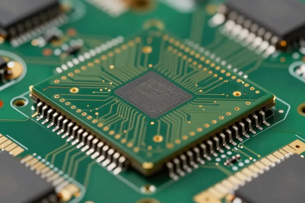 Miniature modern circuit board showing semiconductor computer microchips