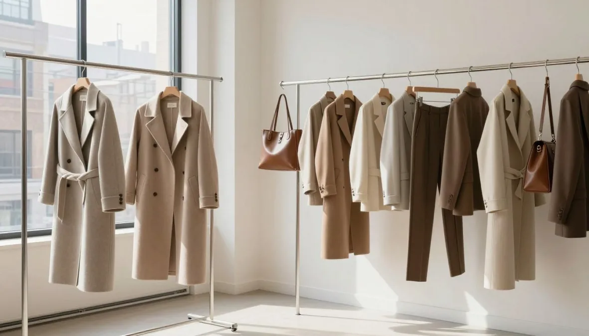 Minimalist fashion studio with garment racks displaying tailored clothing and accessories in natural sunlight