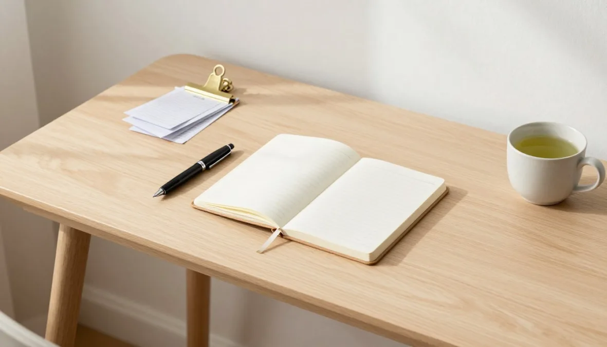 Minimalist home office desk setup with neatly stacked receipts and a small ledger Minimalist home office desk setup with neatly stacked receipts and a small ledger