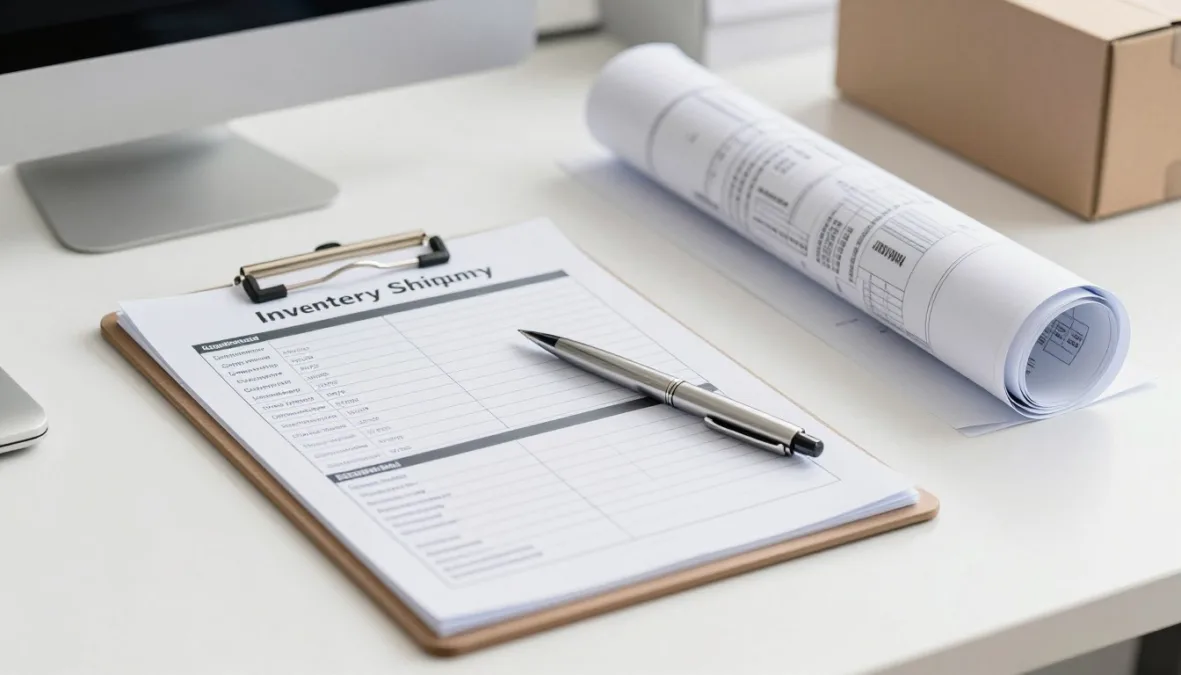 Modern logistics office desk with clipboard and operational inventory summaries Modern logistics office desk with clipboard and operational inventory summaries