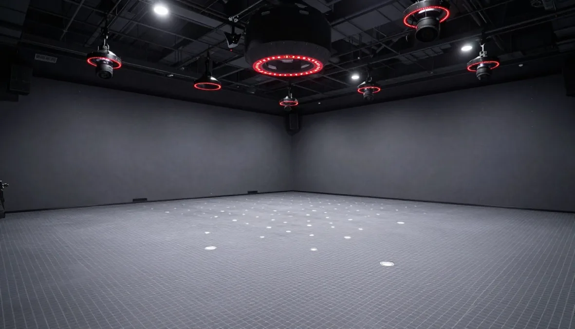 Modern motion capture studio stage with optical tracking markers and sensor arrays