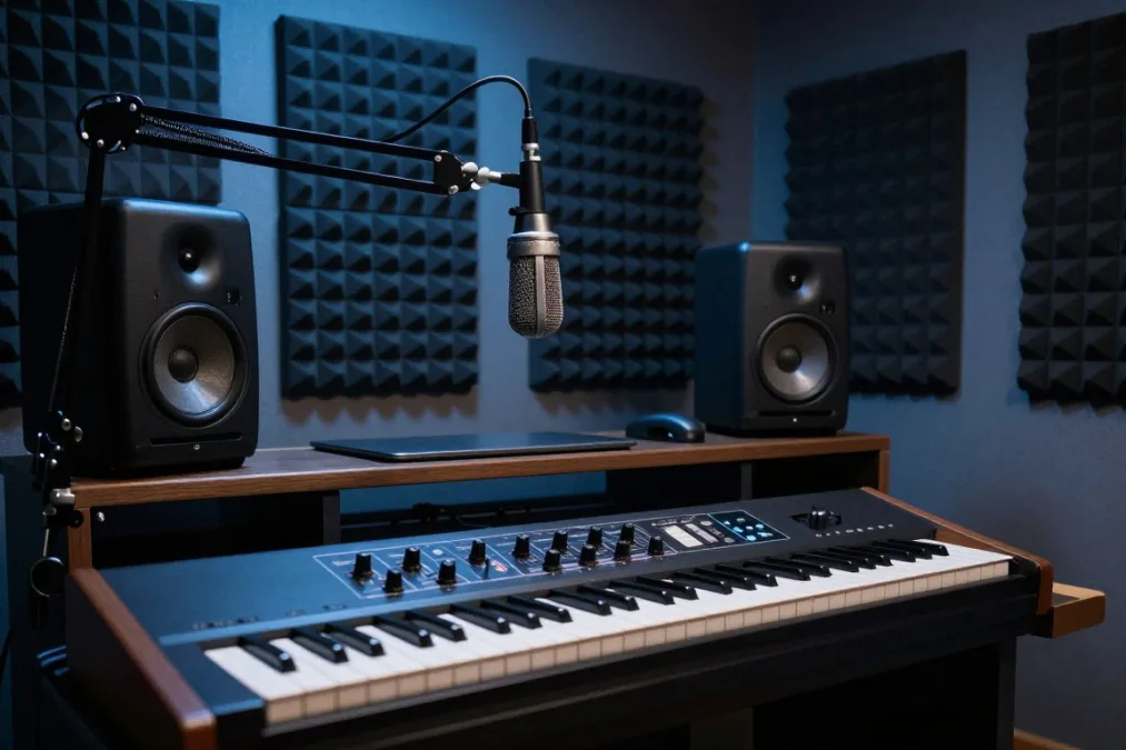 Modern music production room with synthesizers and studio monitors Modern music production room with synthesizers and studio monitors