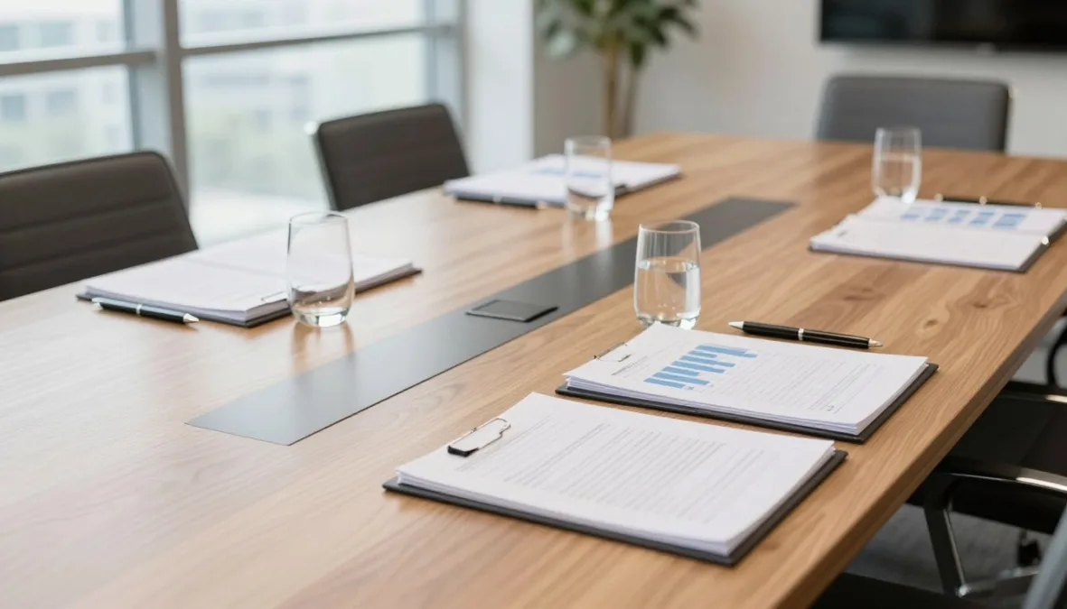 Modern office conference table with financial planning documents and writing instruments Modern office conference table with financial planning documents and writing instruments