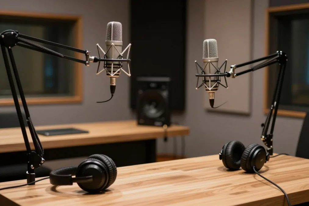Modern podcast studio with studio microphones and headphones Modern podcast studio with studio microphones and headphones