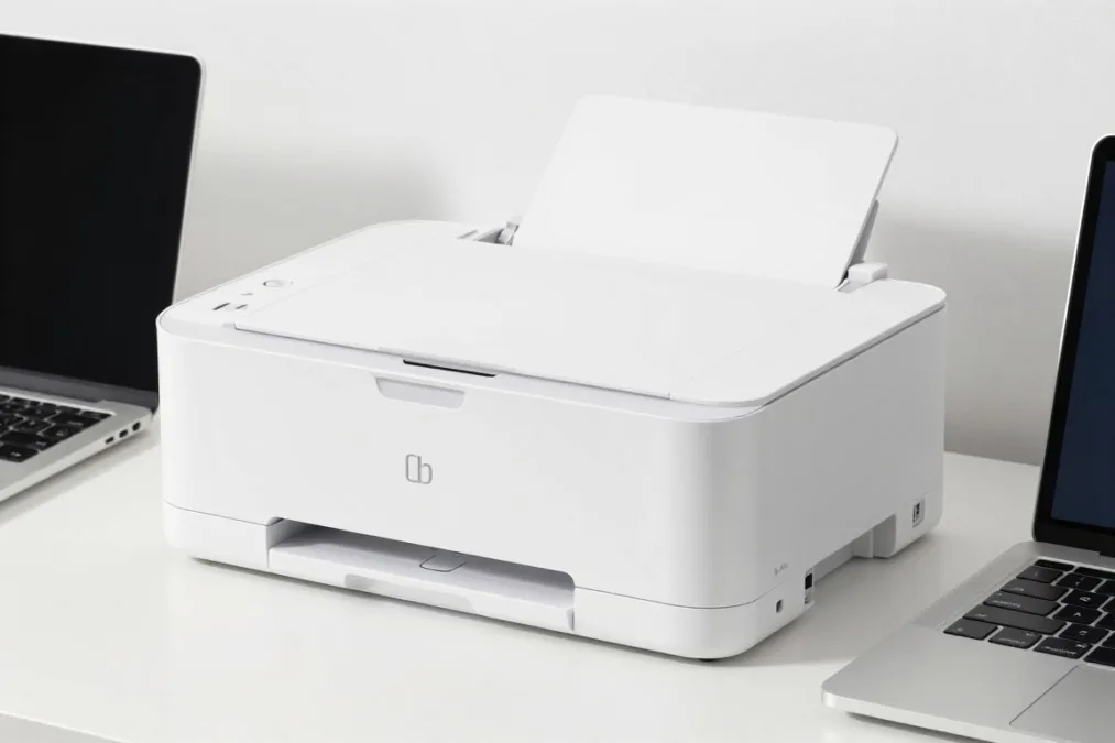 Modern white desktop all-in-one printer with glass flatbed Modern white desktop all-in-one printer with glass flatbed