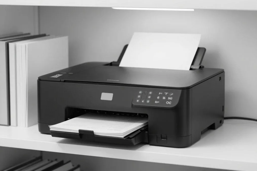 Monochrome laser printer on an office credenza Monochrome laser printer on an office credenza